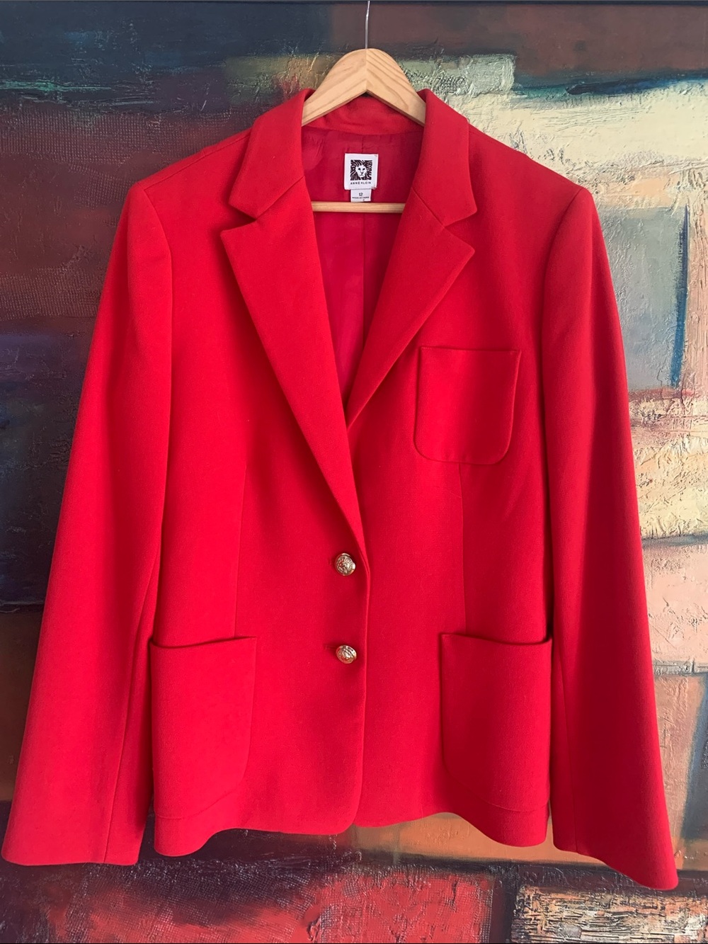 Anne Klein Vibrant Cherry Red Blazer Logo Buttons, Sz 12